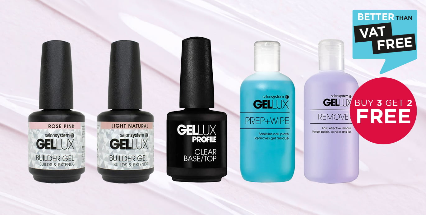 Buy 3 get 2 free across Gellux Builder Gels, Top & Base Coats, Cleansers and Removers